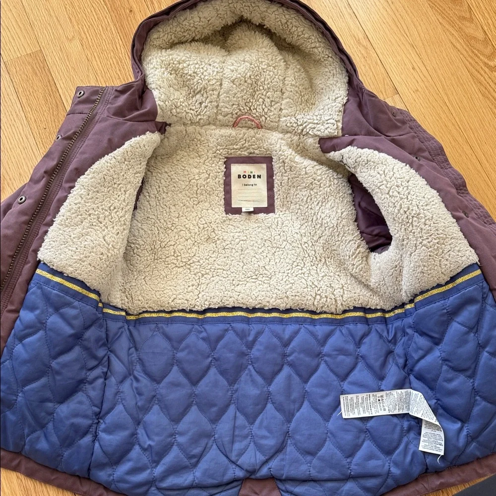 Mini Boden Plum Hooded Puffer Coat with Sherpa Lining