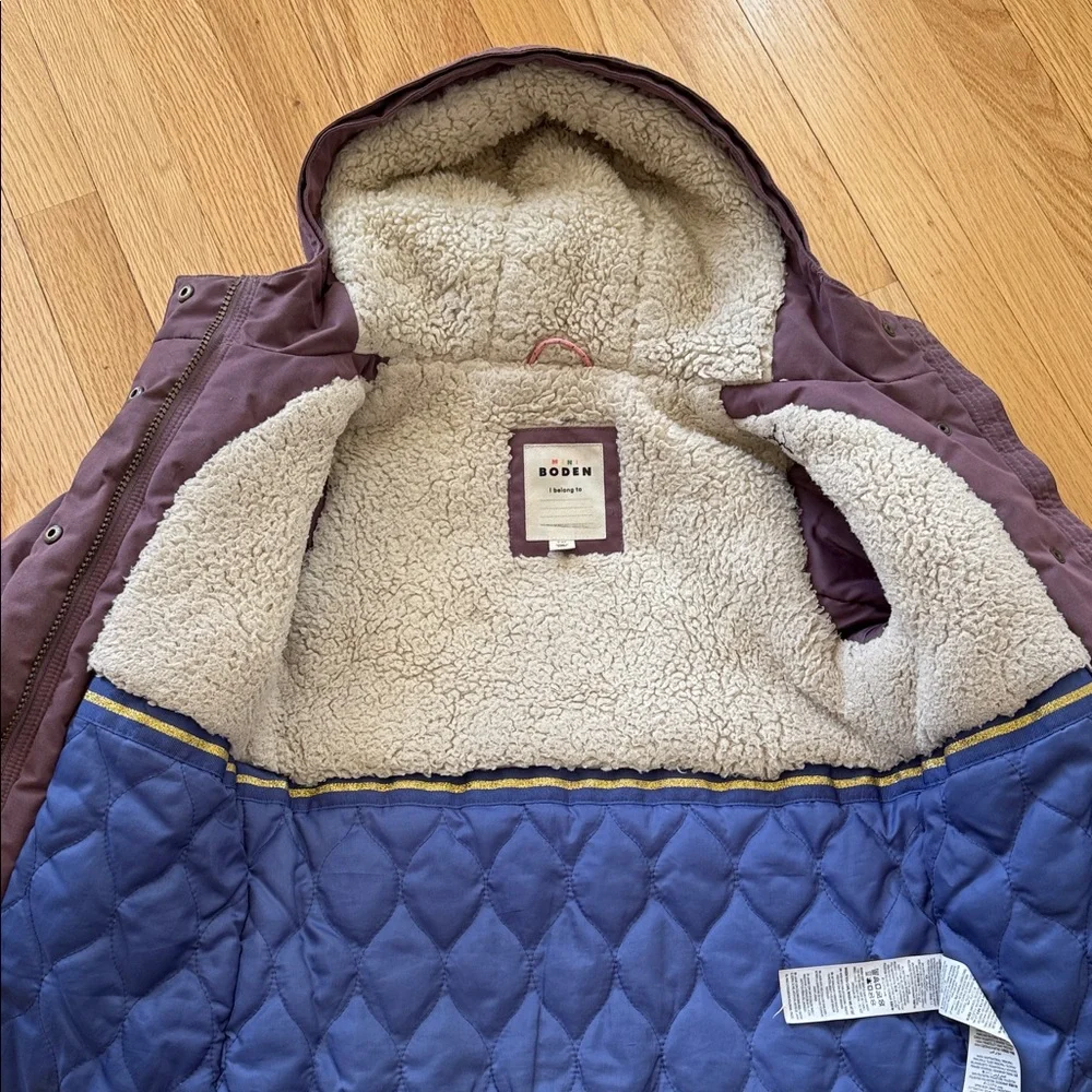Mini Boden Plum Hooded Puffer Coat with Sherpa Lining