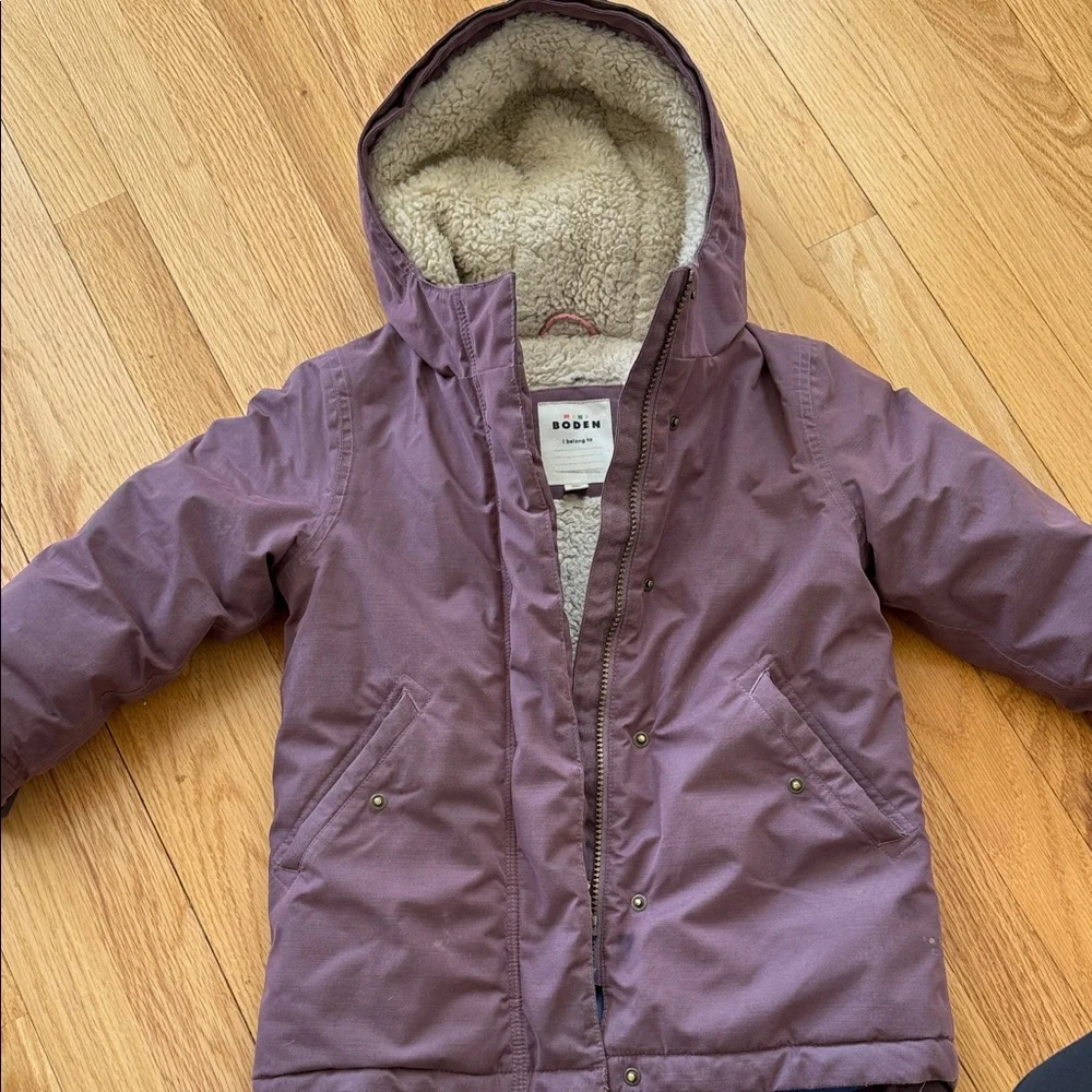Mini Boden Plum Hooded Puffer Coat with Sherpa Lining