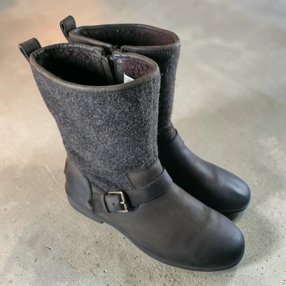UGG Boots Womens 9 Robbie Leather Wool Chocolate Brown Waterproof Zip 1017377