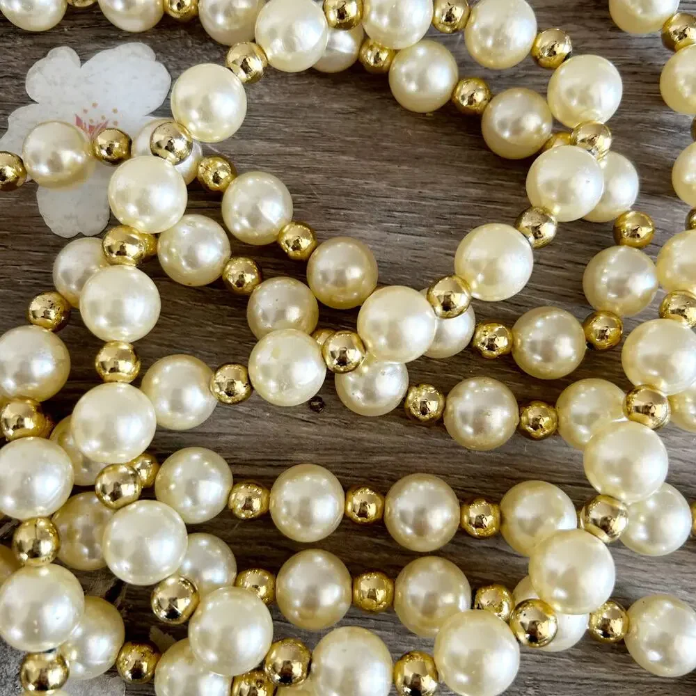 Vintage Set of 2 9’ Long Faux Pearl and Gold Bead Christmas Tree Garland EUC