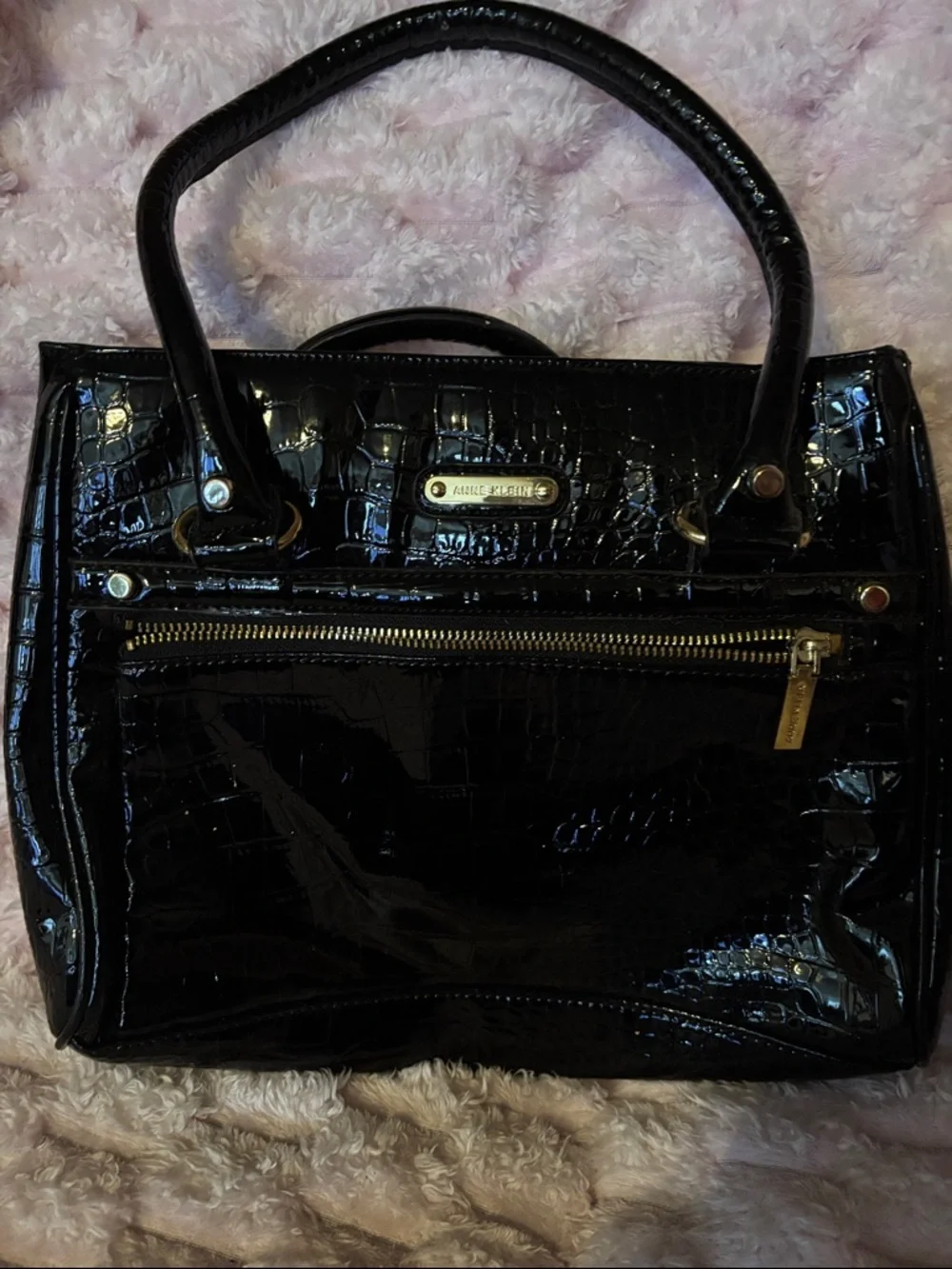 Anne Klein Black Croc Patent Satchel with Gold Hardware