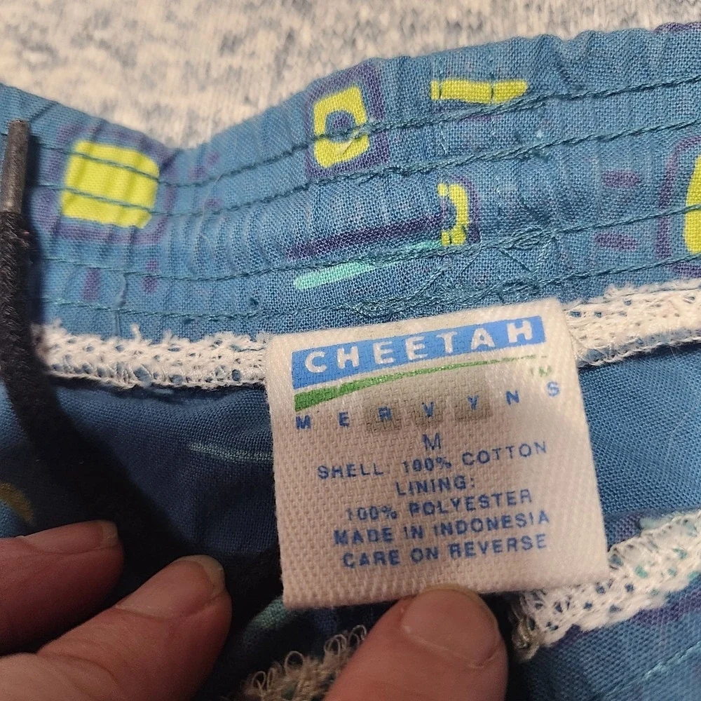 Vintage Mervyns Cheetah Swim Trunks Mens M Blue Geometric Print 90s Cotton