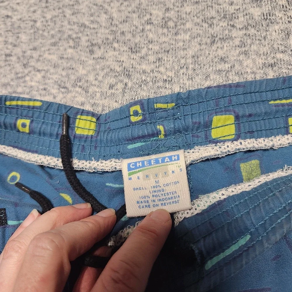 Vintage Mervyns Cheetah Swim Trunks Mens M Blue Geometric Print 90s Cotton