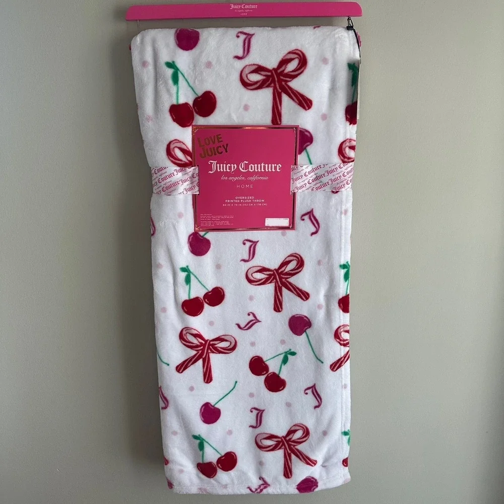 New Juicy Couture Christmas Pink Cherry Candy Cane Mint Red Bows Blanket 60x70