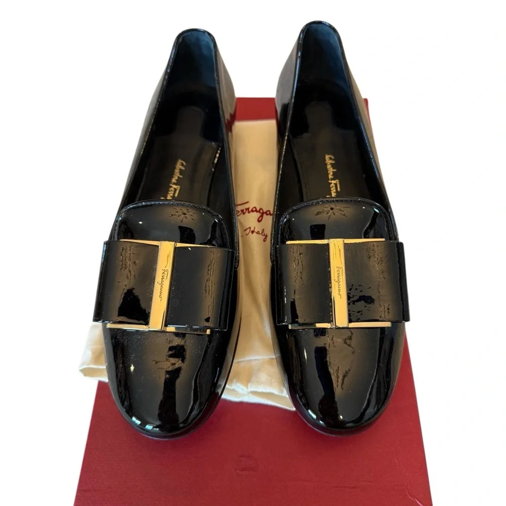 Salvatore Ferragamo Black Patent Vara Bow Loafers with Gold Accent FITS LIKE A 7