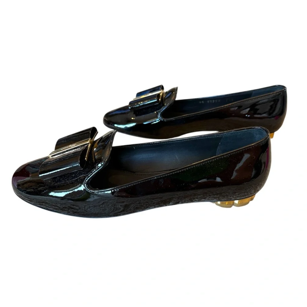 Salvatore Ferragamo Black Patent Vara Bow Loafers with Gold Accent FITS LIKE A 7