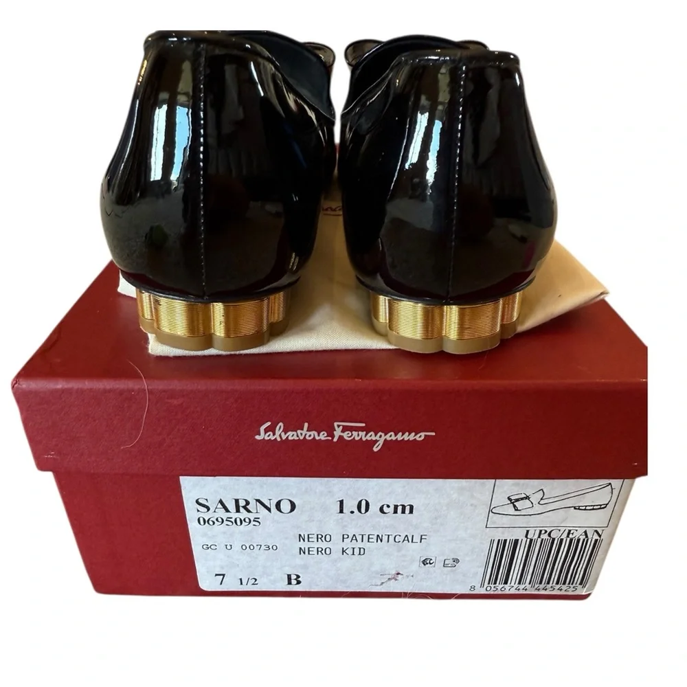 Salvatore Ferragamo Black Patent Vara Bow Loafers with Gold Accent FITS LIKE A 7