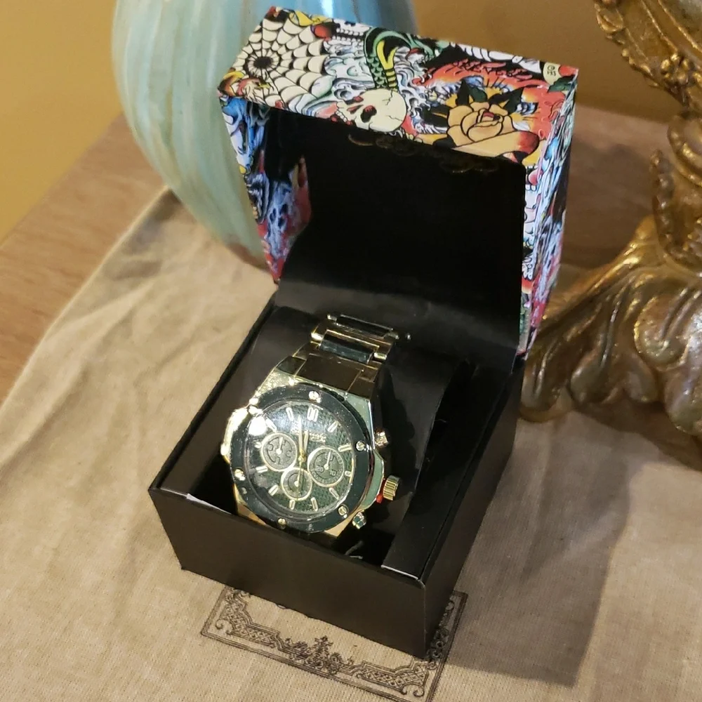 ED HARDY Men's Brushed Gold-Tone Metal Bracelet Watch 52mm