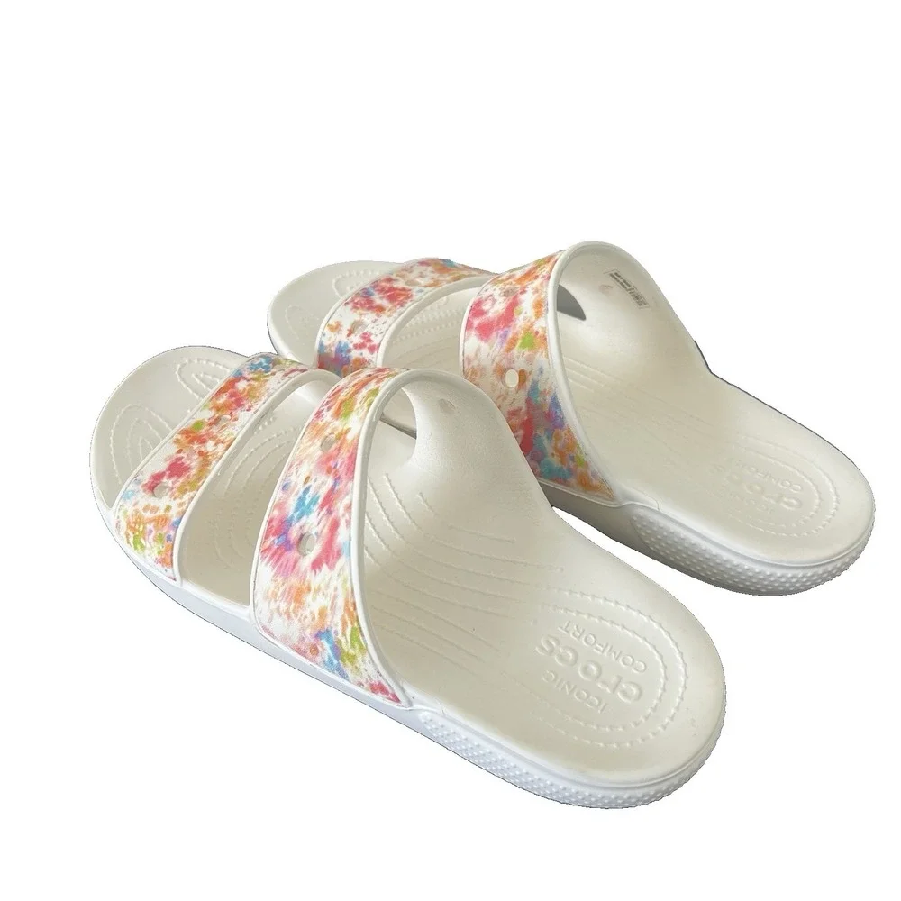 Crocs Classic Slide Sandals Unisex Men sz 9 Multi Pink White Slip on Splatter
