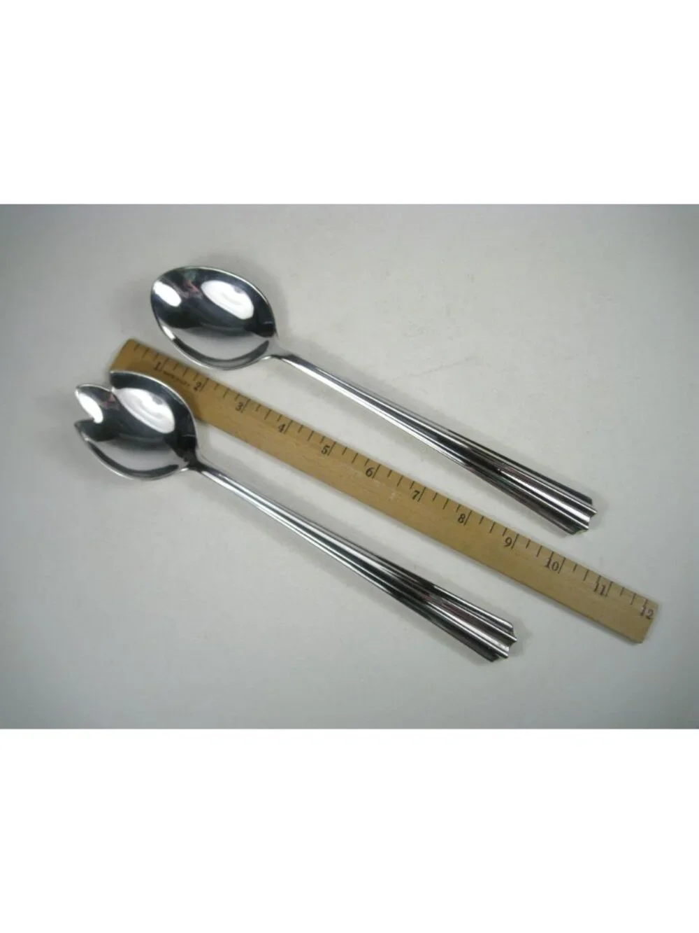 Stainless Steel Serving Spoon and Fork Set 10 inch Ribbed Handles Italy Vintage