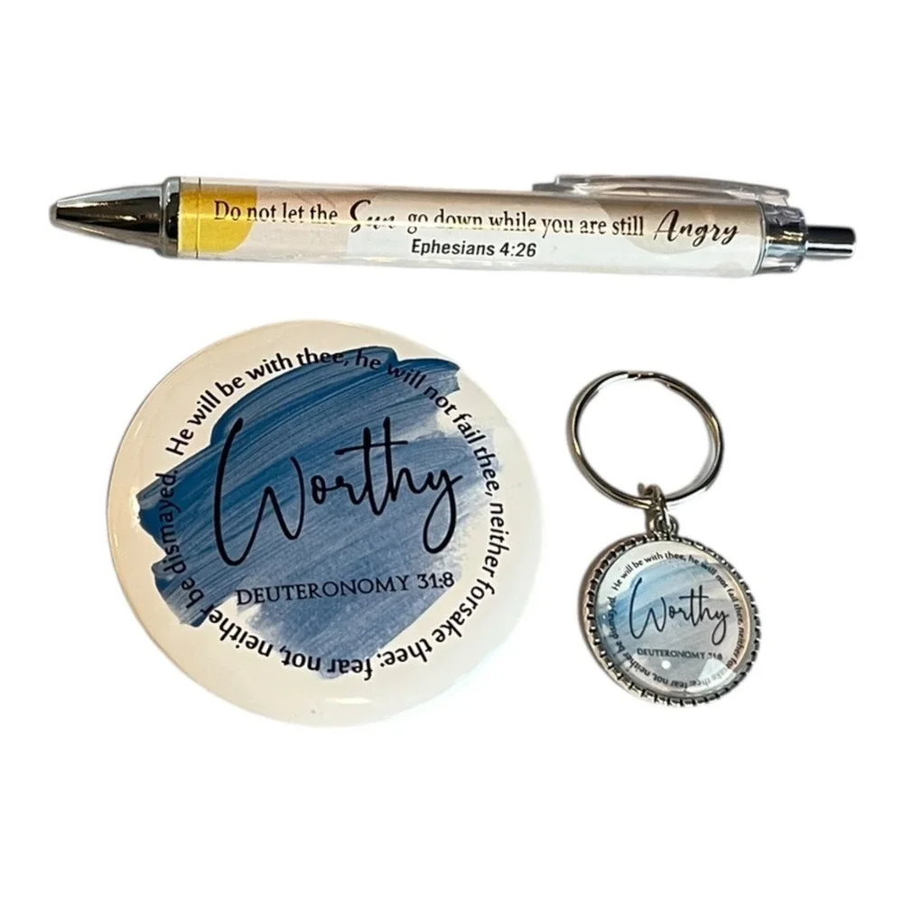 Bible Scripture Gift Set Pen Keychain Coaster Worthy Ephesians Deuteronomy Blue