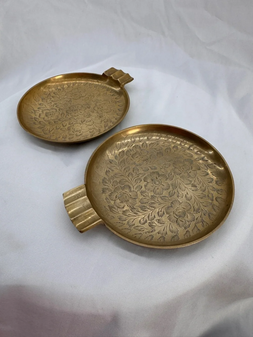 MCM Boho Decor Vintage Etched Brass Floral Ashtray & Walnut Wood Trinket Dish