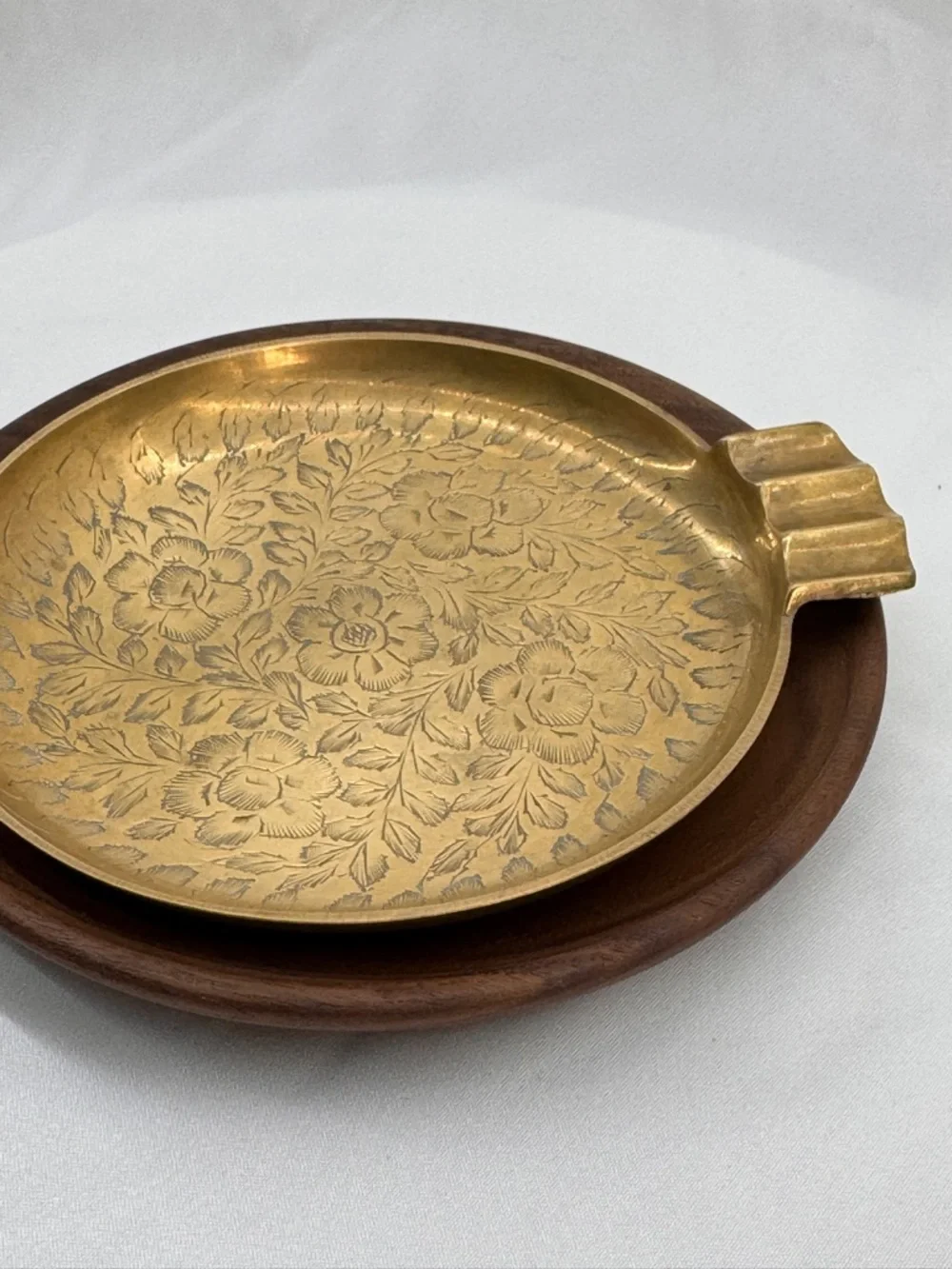 MCM Boho Decor Vintage Etched Brass Floral Ashtray & Walnut Wood Trinket Dish