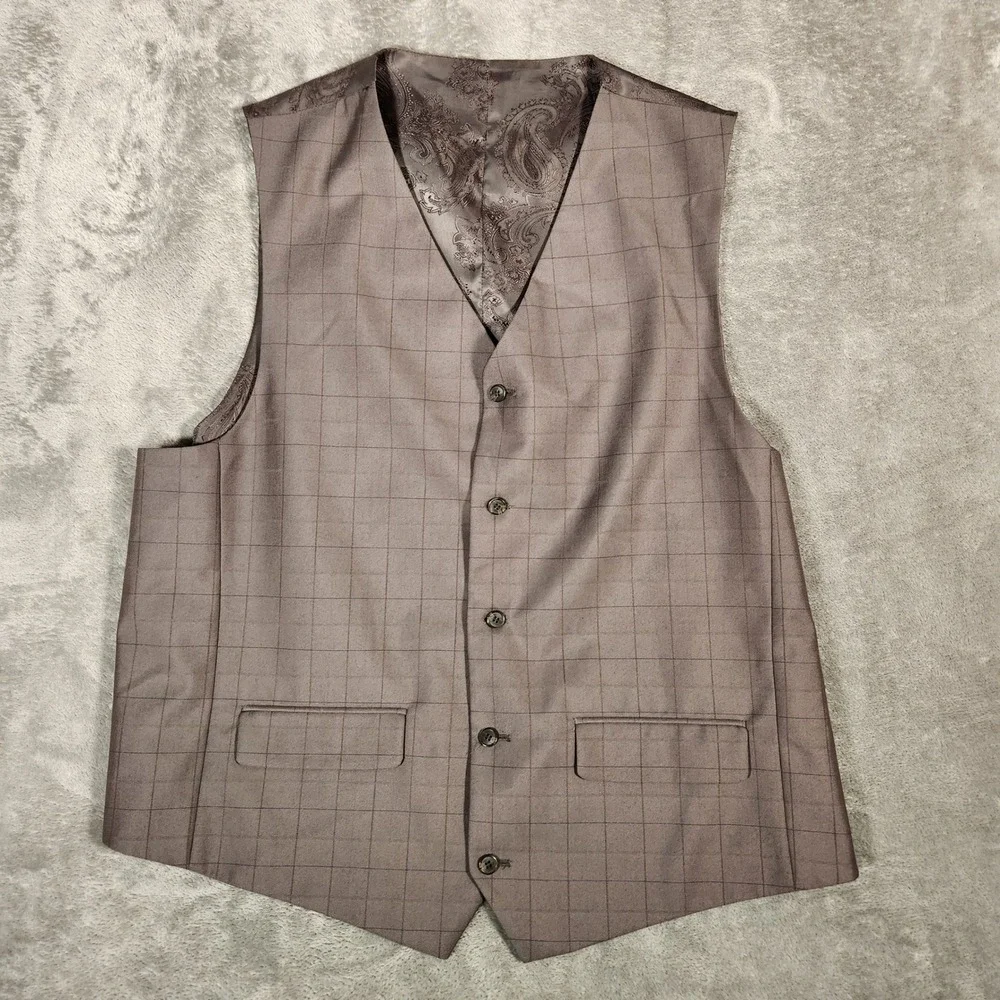 Phat Farm Premium Mens‎ 3 Piece Suit 52L Grey Plaid Polyester Rayon Business
