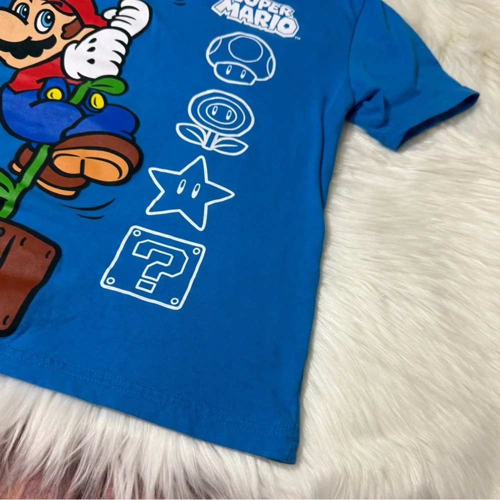 Nintendo Super Mario Youth Boy Size 7 Blue Graphic Short Sleeve Shirt