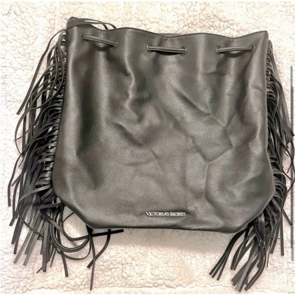 Victoria’s Secret Fringe Backpack with Drawstring Closure Black Faux Leather