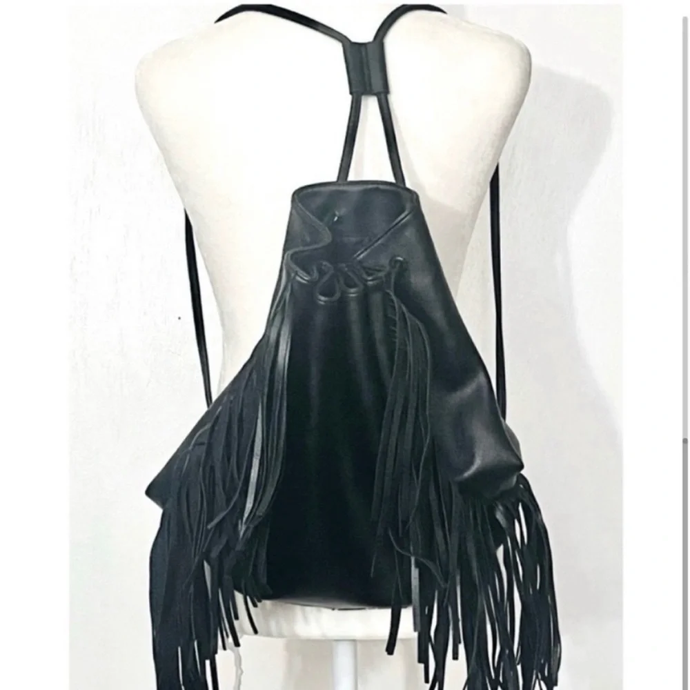Victoria’s Secret Fringe Backpack with Drawstring Closure Black Faux Leather