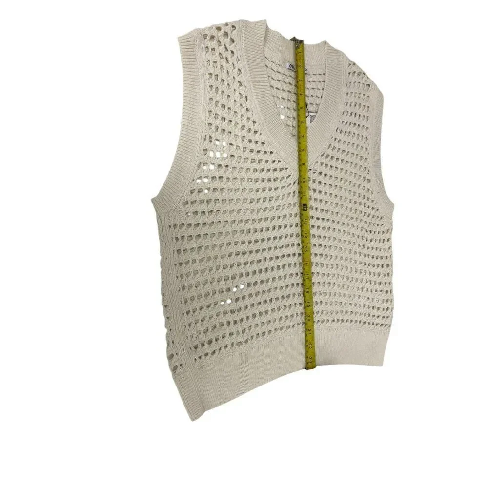 Zara Mens Cutwork Sweater Vest Size M Ivory Open Knit Crochet 1023/300 NWT