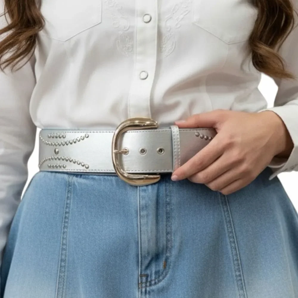 Wide Silver Studded Oversized Buckle Statement Belt NWT