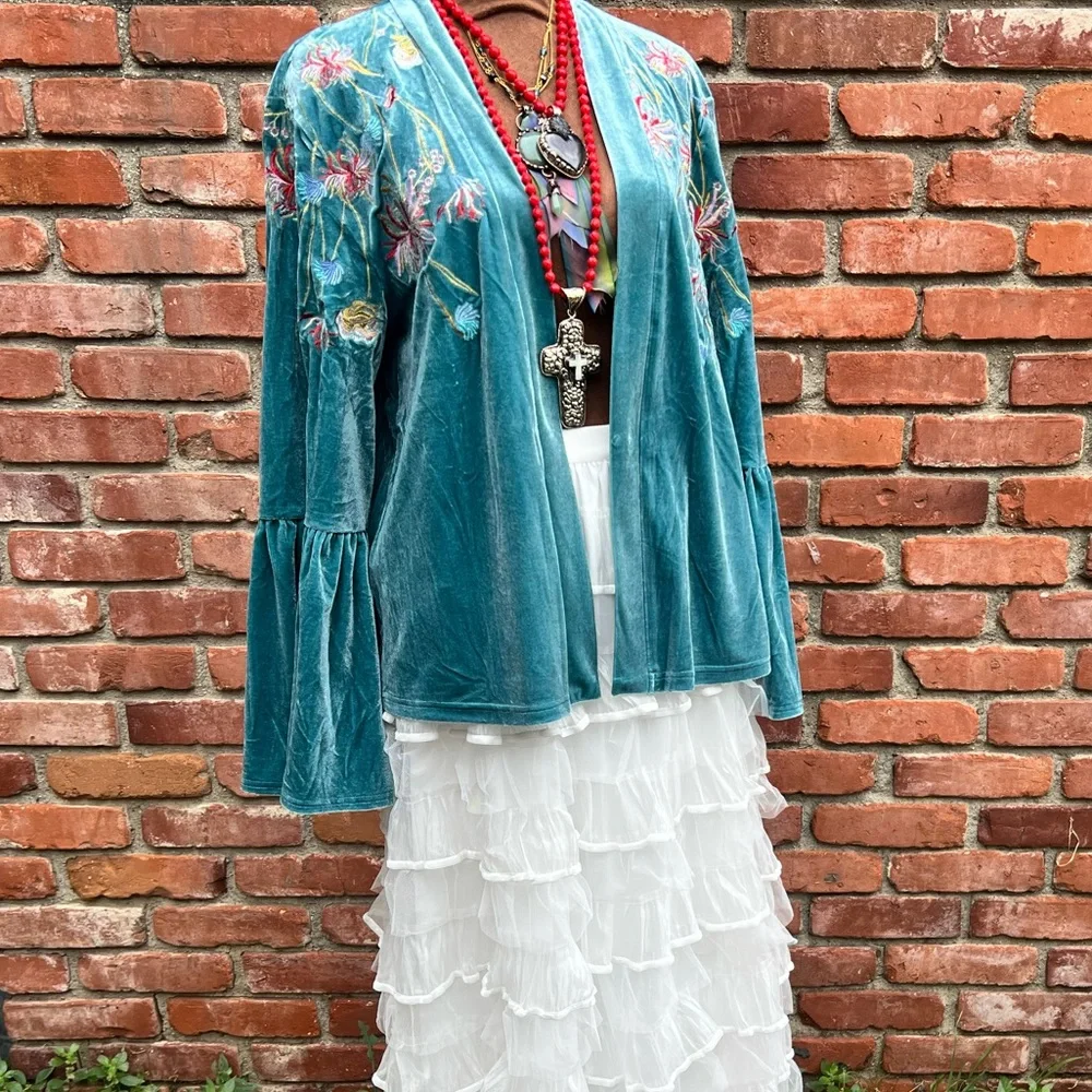 Embroidered Velvet Bell Sleeve Boho Kimono Cardigan