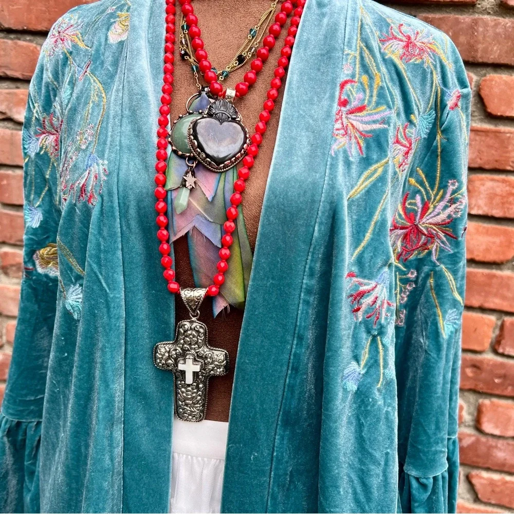 Embroidered Velvet Bell Sleeve Boho Kimono Cardigan