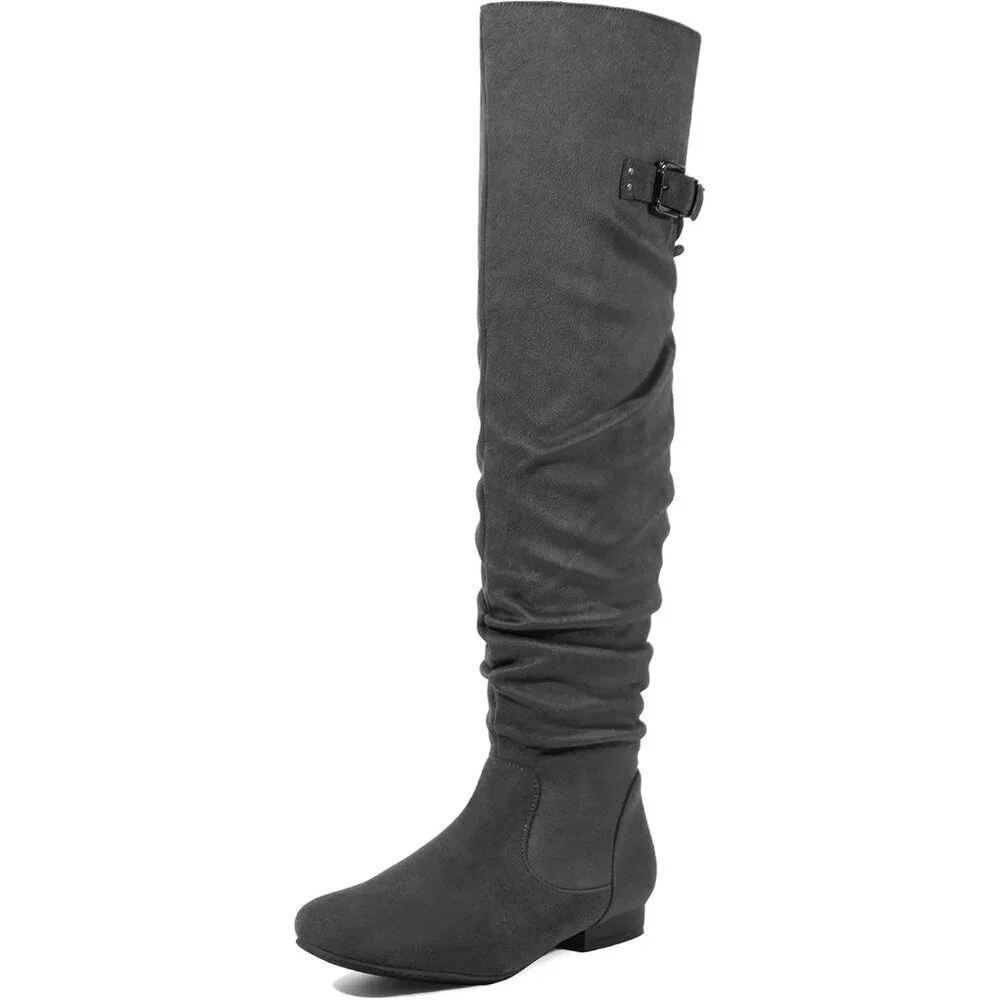 Women's Grey Suede Over The Knee Thigh High Comfortable Low Heel Winter Boots