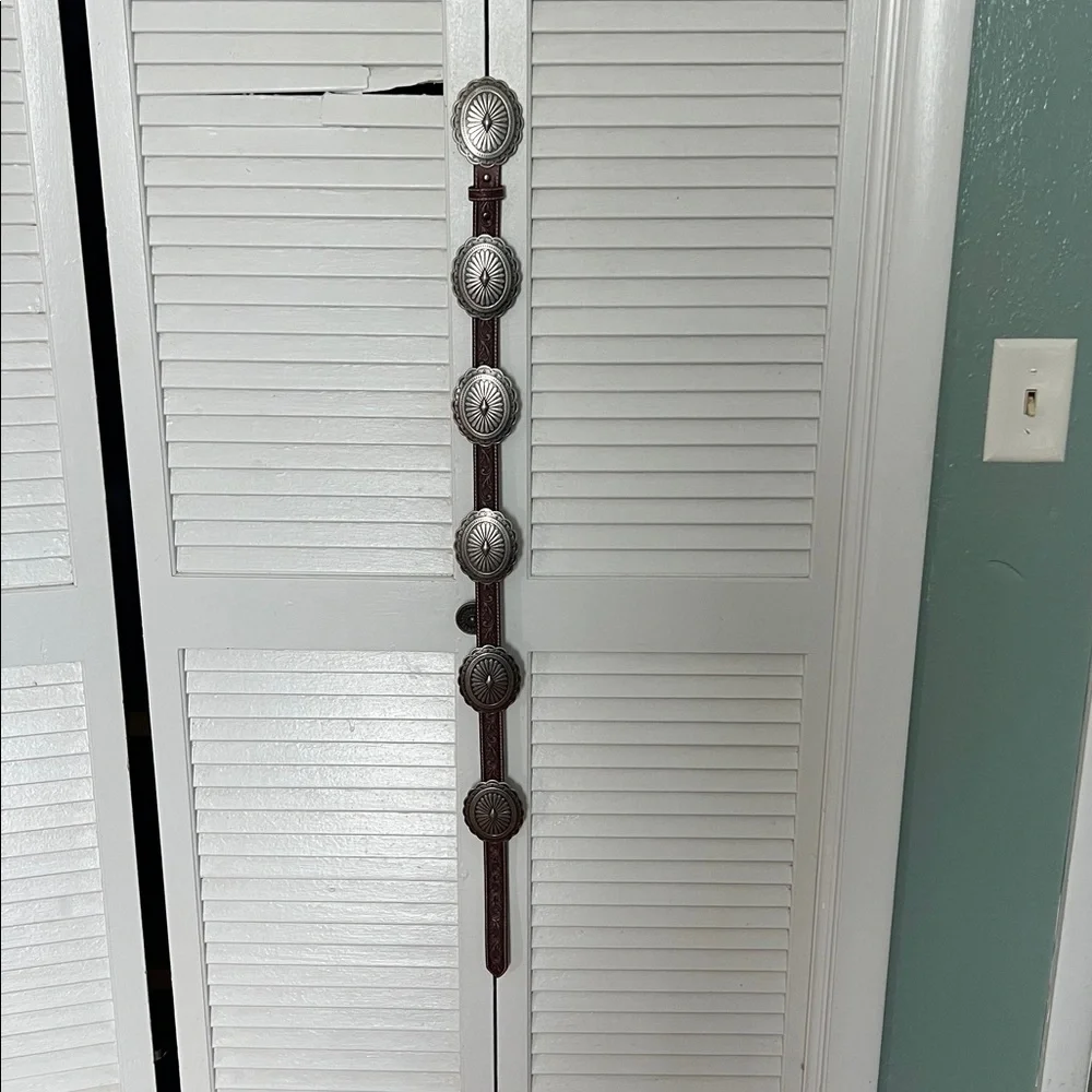 Western Silver Concho Wall Decor Belt - Brown Leather with Silver Accents