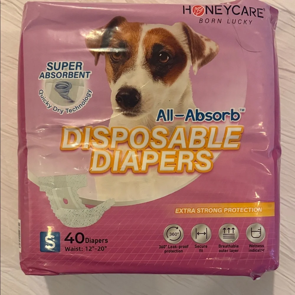 NWT Honeycare All-Absorb Disposable Dog Diapers-40 Count-Small (12”-20” waist)