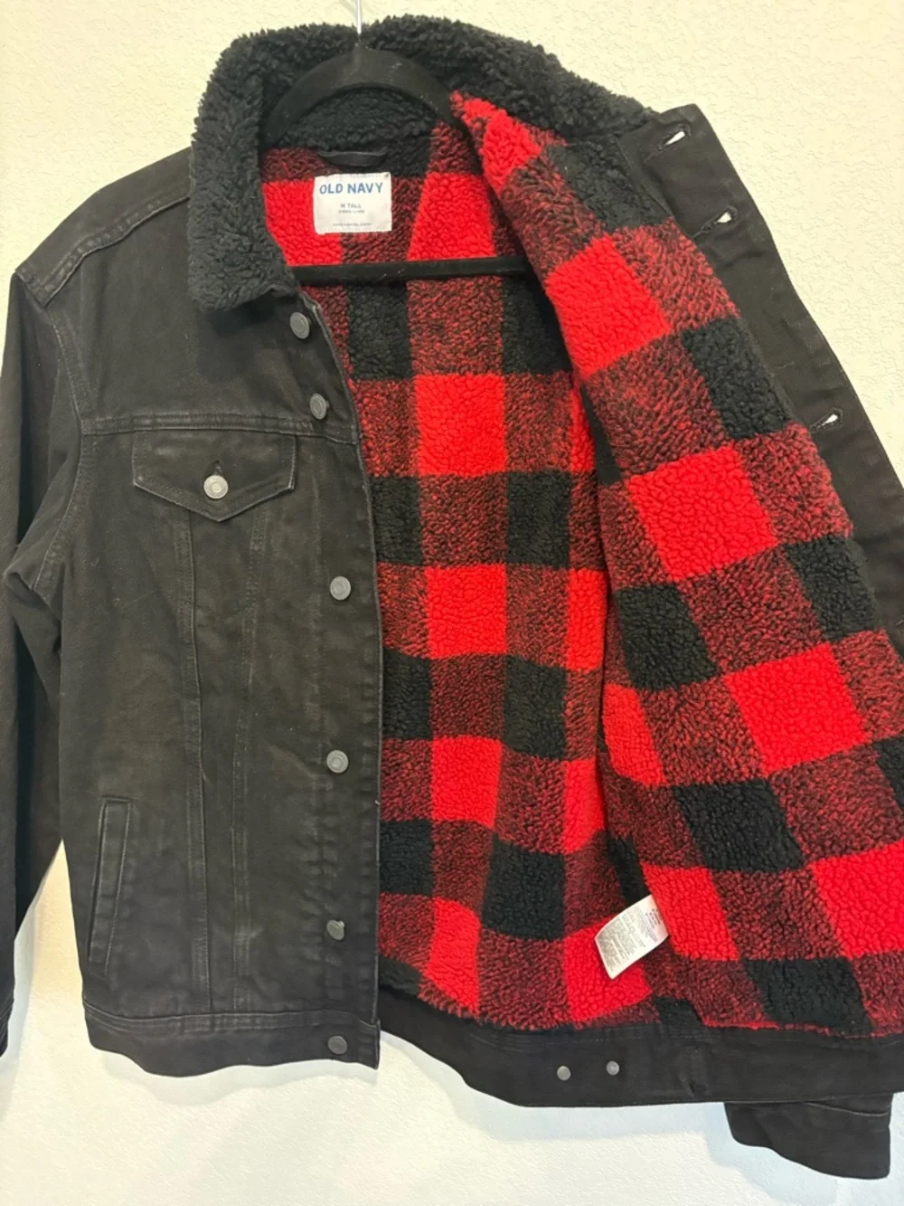 Old Navy Sherpa Lined Black Denim Jacket Mens M Tall Plaid Flannel Trucker Coat