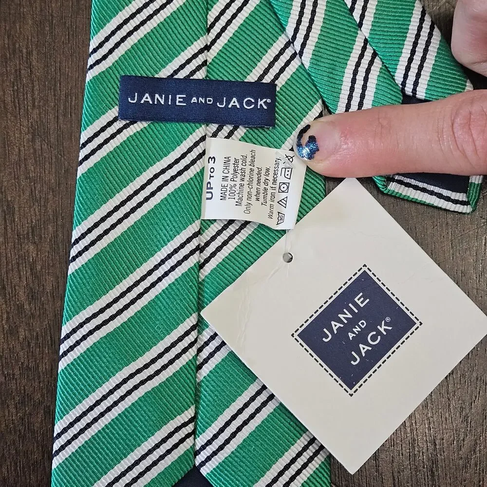 Janie and Jack Tie & Belt‎ Set Boys Size Up to 3 Green Navy Stripe NEW Preppy