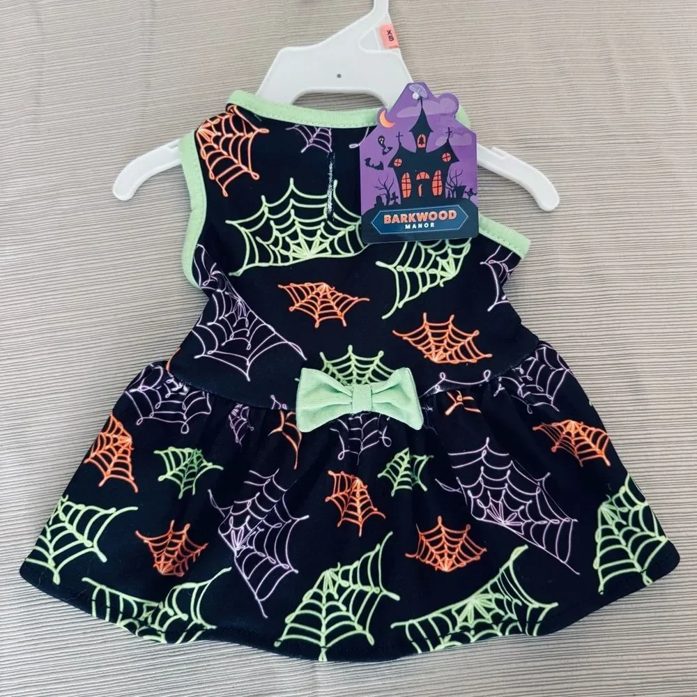 Halloween Spiderwebs Neon Print Dog Pet Fall Costume Dress XS