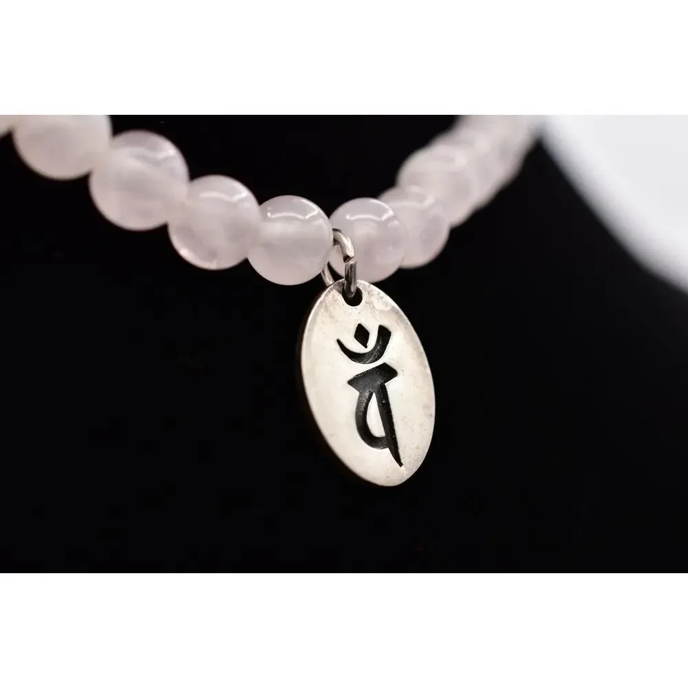 Vintage 925 PTI Rose Quartz Beaded Necklace Spiritual Symbol Pendant 1990s BinAU