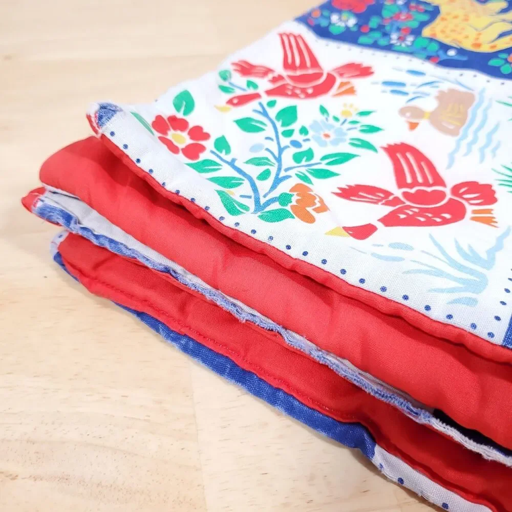 Vtg Printed Block Quilt Pattern Baby Blanket Forest Animal Fox Owl Deer Folk Art