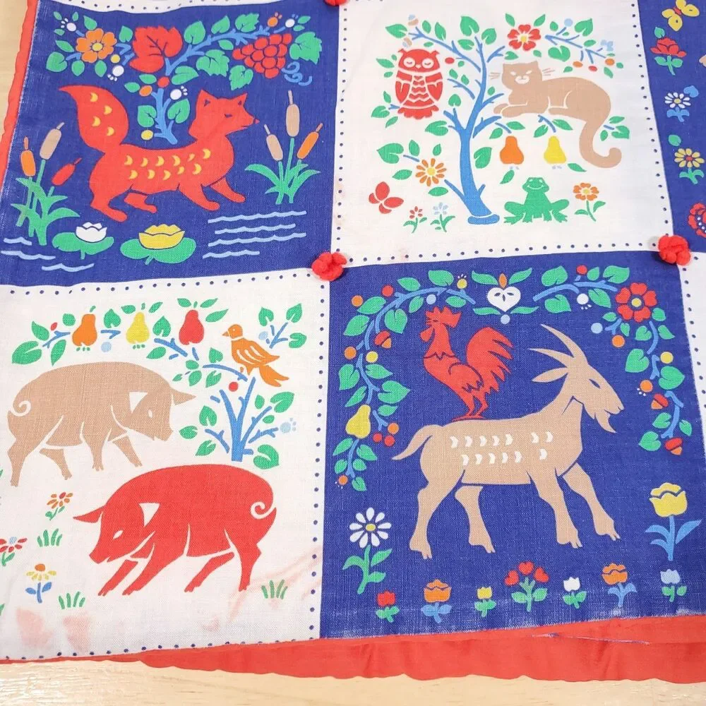Vtg Printed Block Quilt Pattern Baby Blanket Forest Animal Fox Owl Deer Folk Art