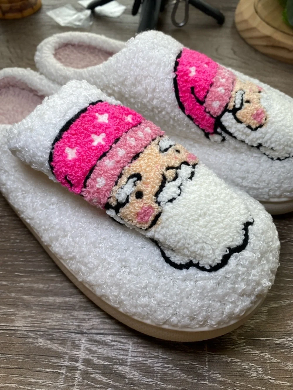 NEW White Santa Slippers with Pink Hat Accent