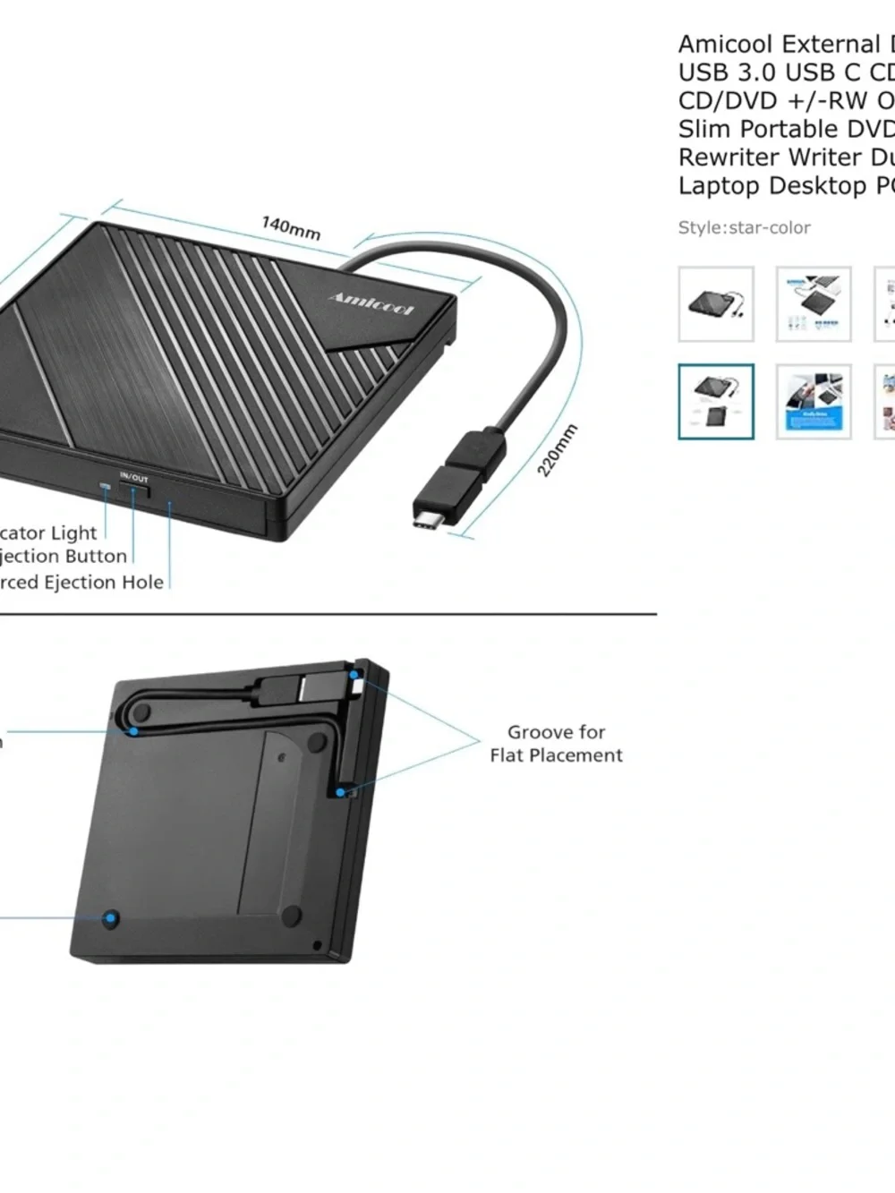 Amicool External USB Slim DVD/CD Drive - Black