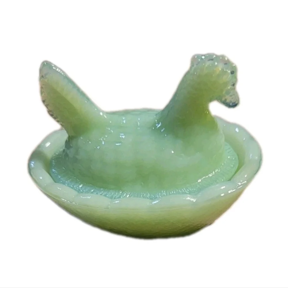 Mini Jadeite Green GLASS Depression Style Hen on Nest Chicken Salt Cellar 2.5in