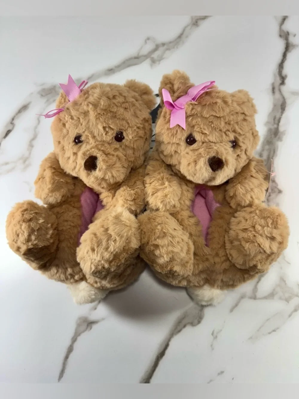 3D Teddy Bear Plush Brown Pink Bow Toddler, Little & Big Girls Cute Slippers