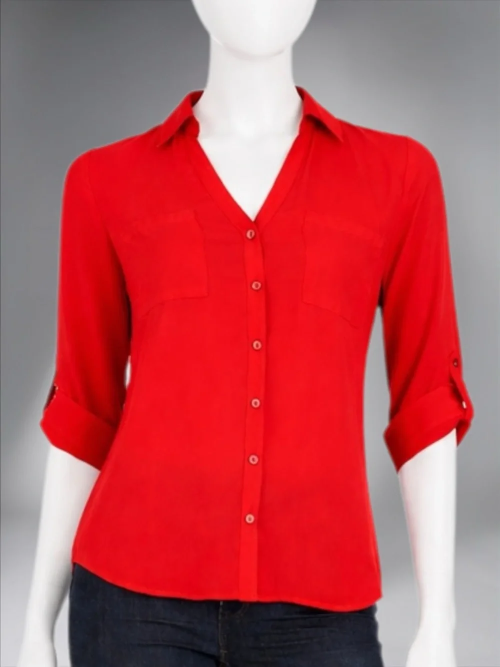 Red Button-Front V-Neck Women's Blouse