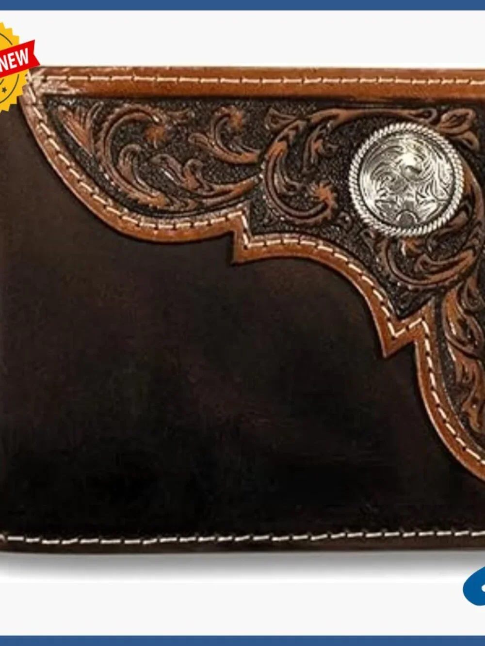 Distressed Leather Trifold Wallet with Tooled Corner and ID Window