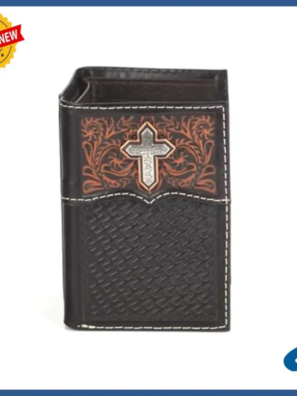 Men's Genuine Leather Trifold Wallet with Western Cross Design