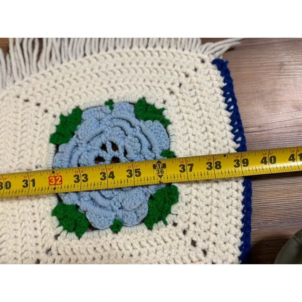 Granny square Handmade 3D Crochet Flower Afghan Blanket Blue White 39