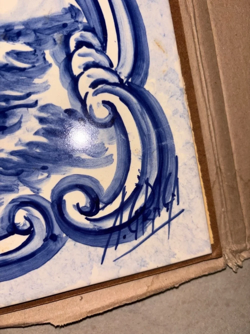 Vintage Portuguese Azulejos Blue and White Signed 6 Tile Mural Sailing Mural Art