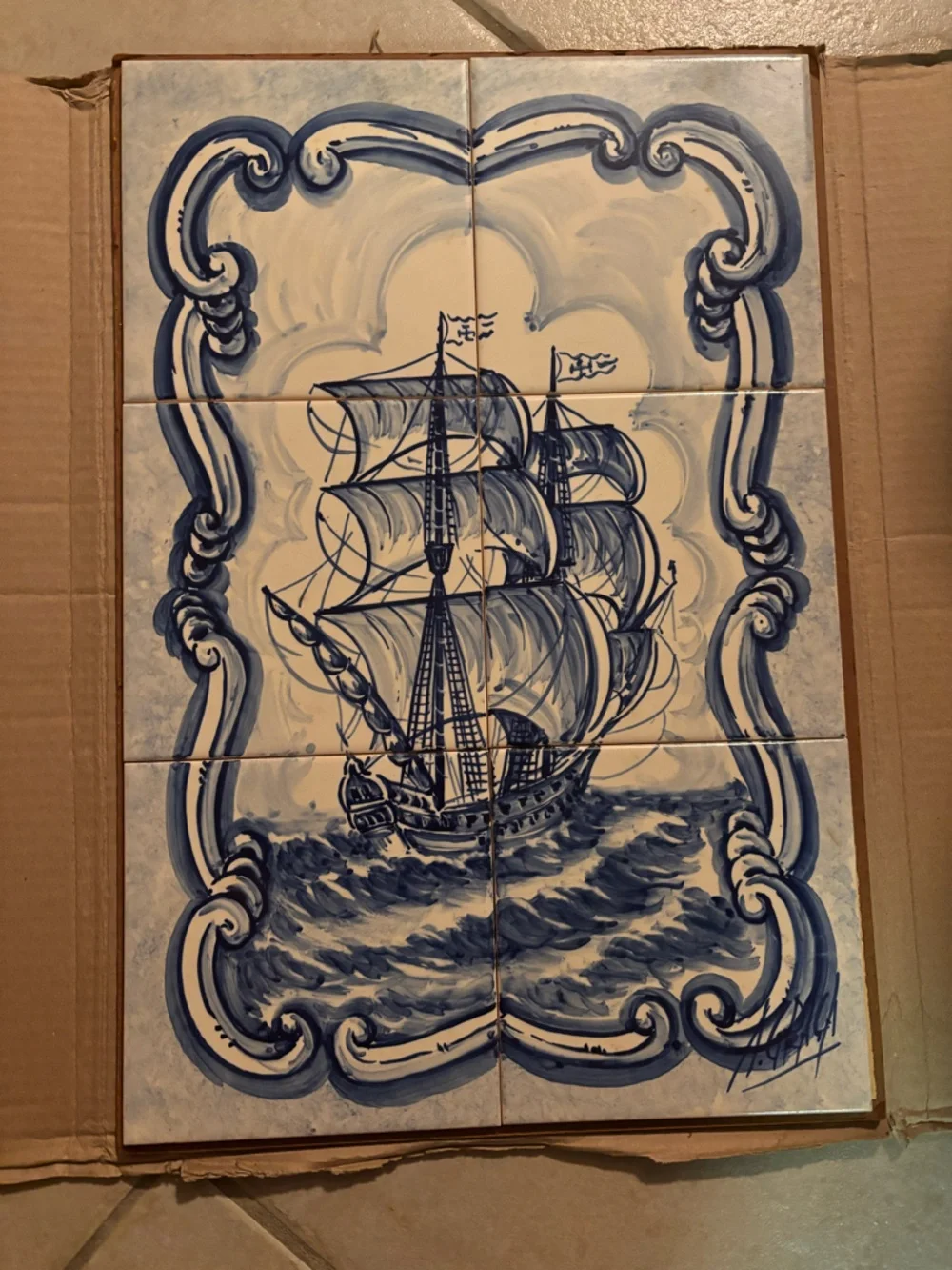 Vintage Portuguese Azulejos Blue and White Signed 6 Tile Mural Sailing Mural Art