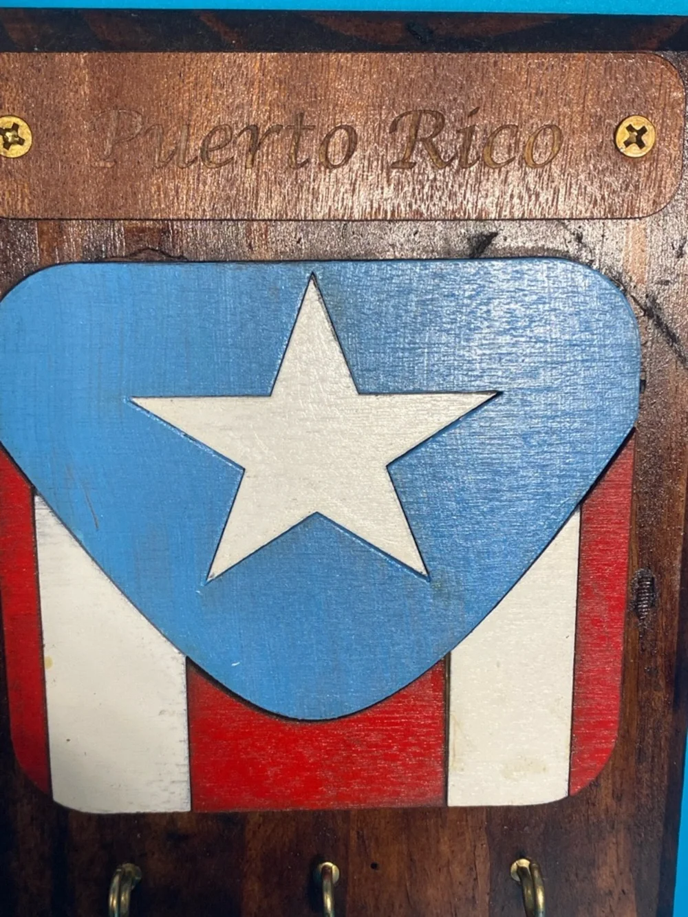 Vintage Handmade Wooden Puerto Rico Flag Key Holder