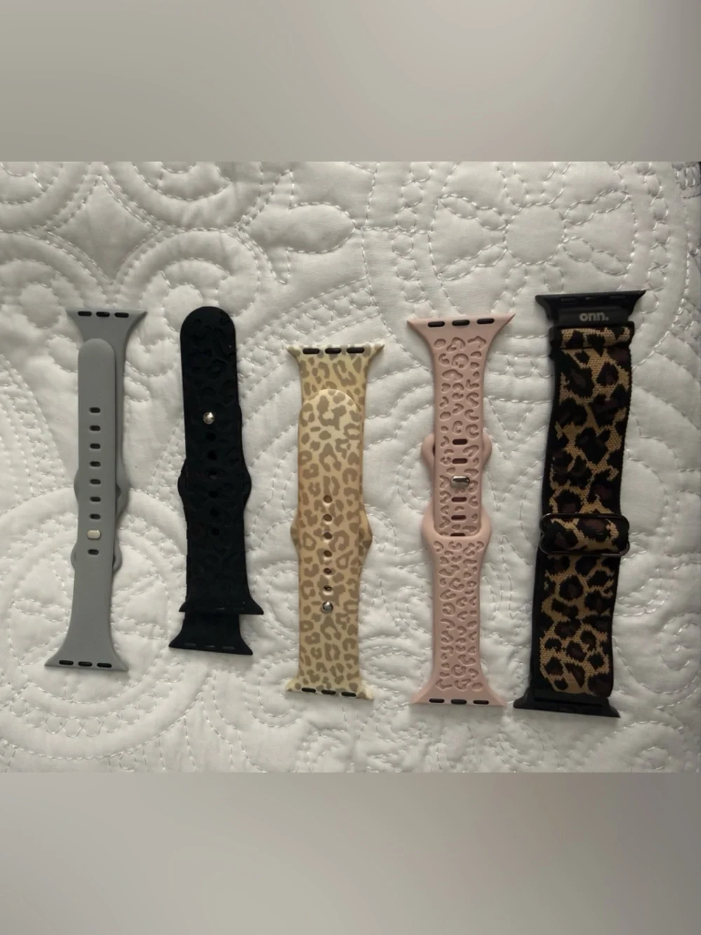 Assorted Apple Watch Bands - Gray, Black, Leopard, Pink