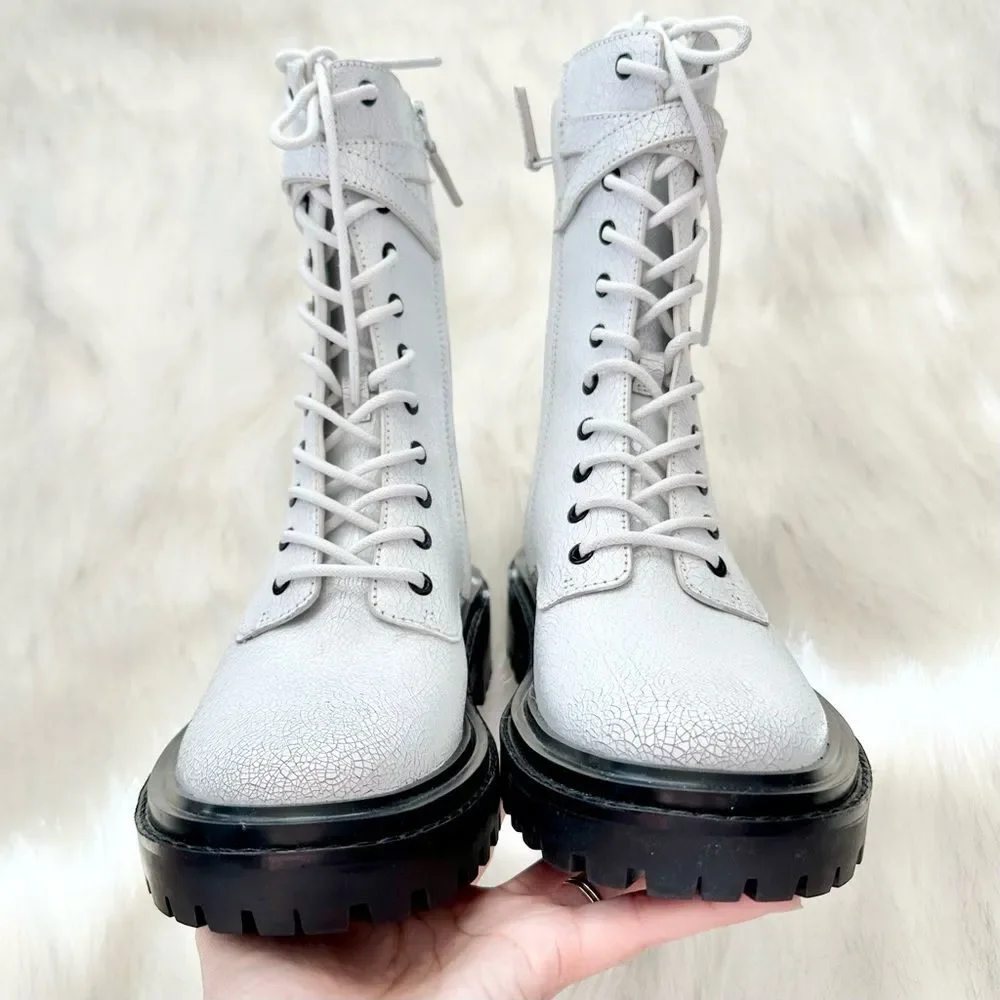 NWOB Tory Burch Women's T-Hardware Lace Up Combat Boots in White Crackle Size 8