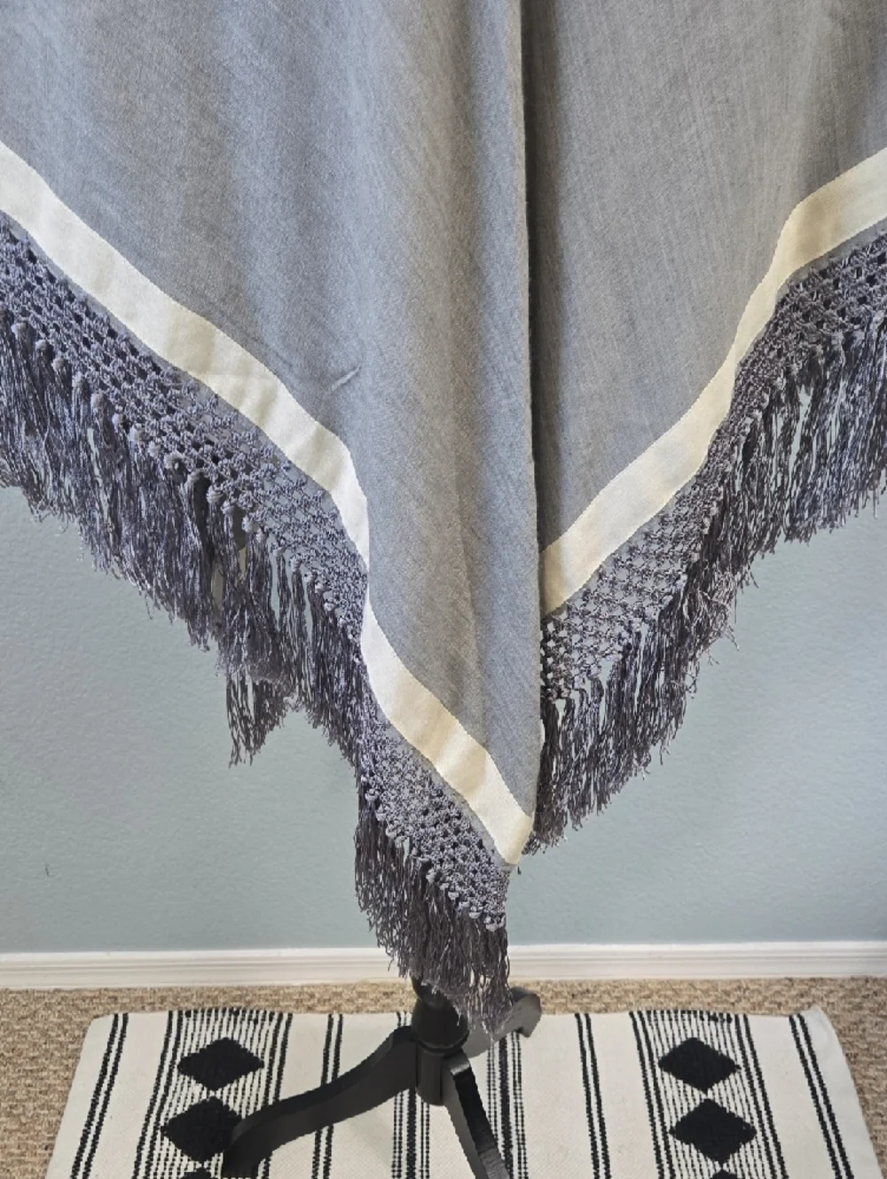 rag & bone Silk Wool Heather Gray Sport Stripe Poncho Fringe Trim Scarf OS