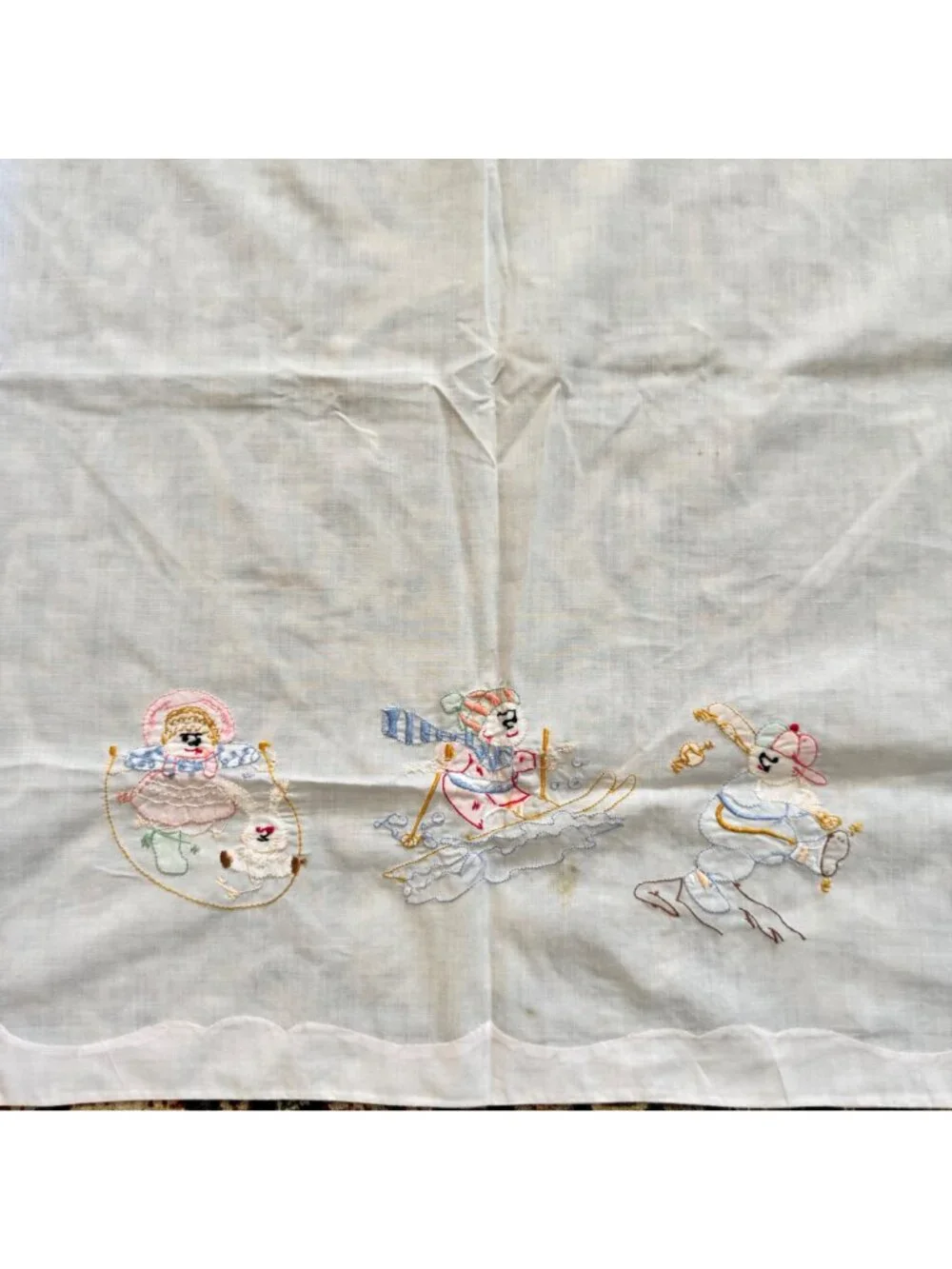 Vintage Embroidered Baby Crib Flat Sheet Jump Rope Skiing Baseball White Pink